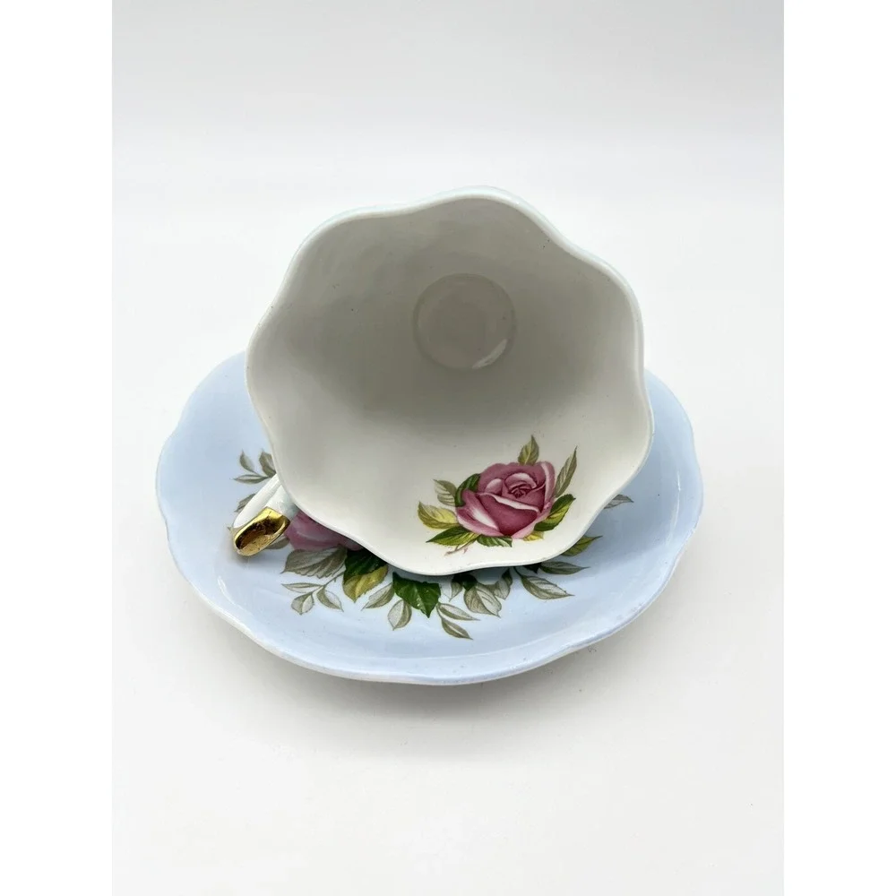 Vintage Queen ANNE Blue CABBAGE ROSE Cup & Saucer Set of 2
